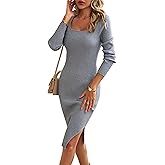 VintageClothing Women's 2026 Fall Long Sleeve Sweater Dress Square Neck Side Slit Bodycon Ribbed Knit Slim Fit Midi Dress, M