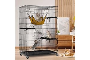 BIQWBIC 4-Tier Large Cat Cage 48" Collapsible Metal Wire Cat Kennel Chinchilla Ferret Cage with Wheels Cat Playpen Cat Enclosure w/Ramp Ladders, Cat Beds and Hammock for Indoor Outdoor