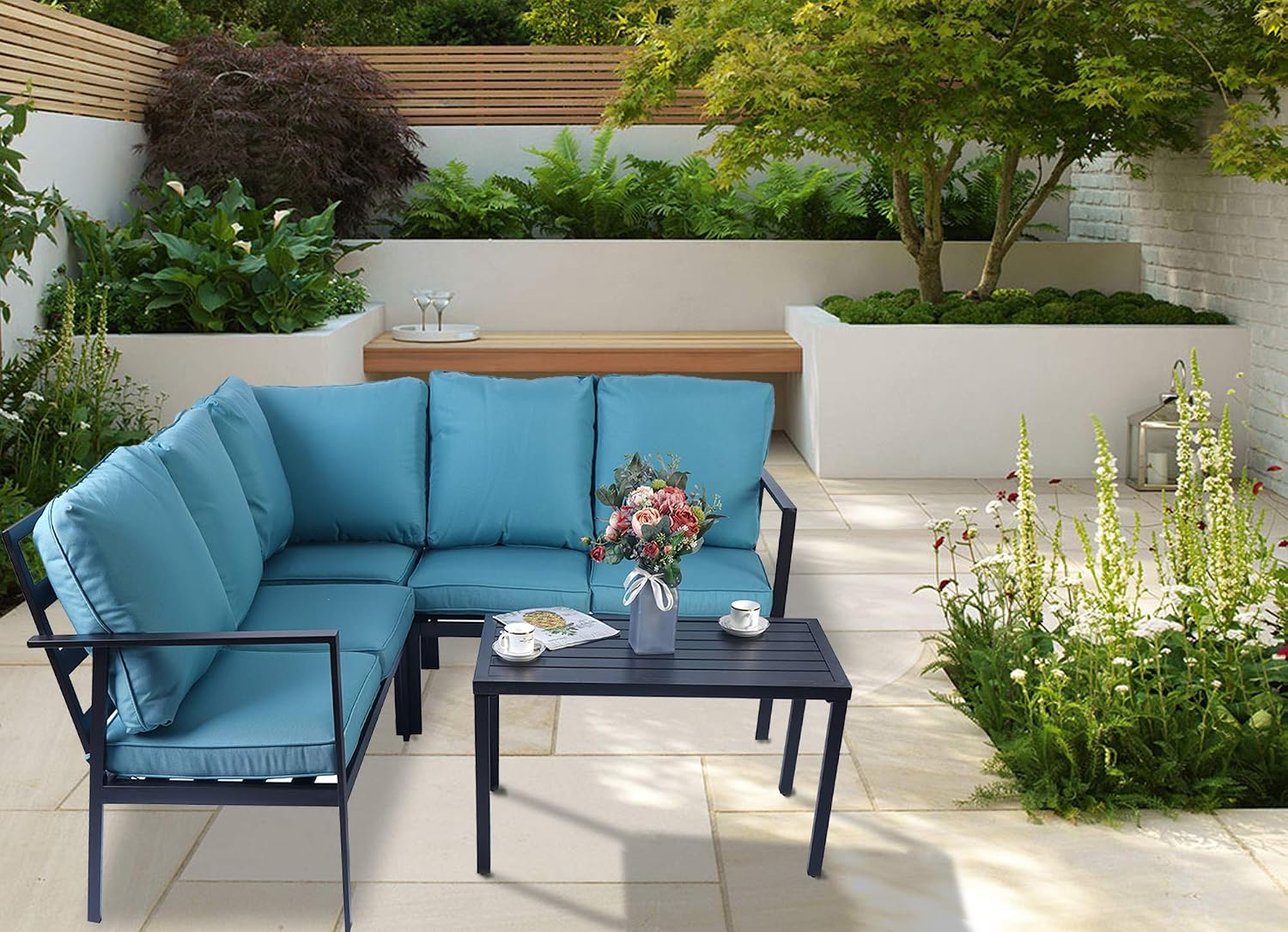 Amazon Com Kozyard 4 Pieces Outdoor Sofa Set With Strong Metal Frame And Comfortable Cushions Perfect As Patio Furniture Conversation Sets Garden Bistro Set Aqua Garden Outdoor
