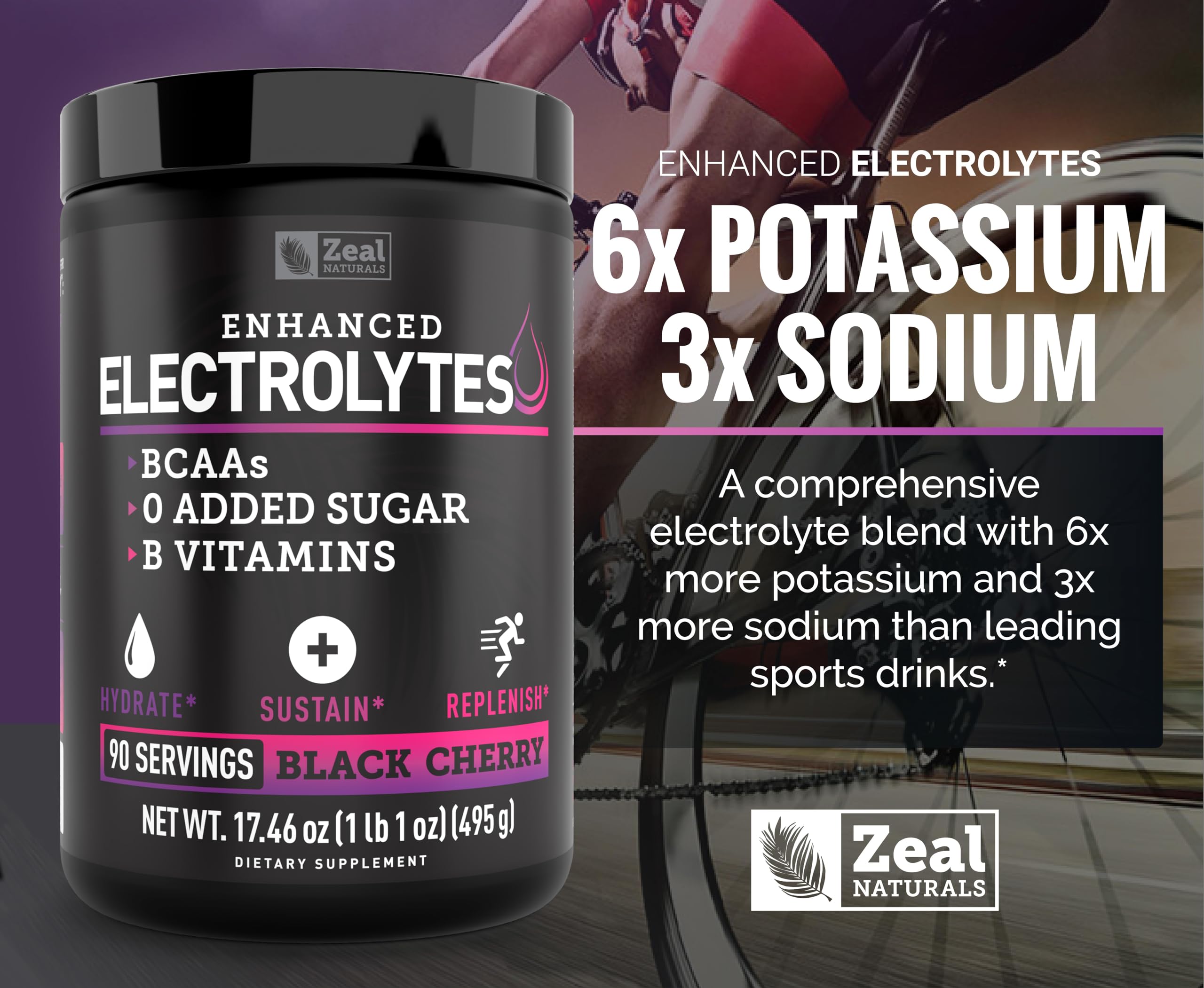 Zeal Naturals Electrolyte Powder Recovery Drink (90 Servings | Black Cherry) w/ 0 Sugar +BCAAs +B-Vitamins Electrolyte Supplement w Potassium Zinc & Magnesium for Hydration - Keto Electrolytes
