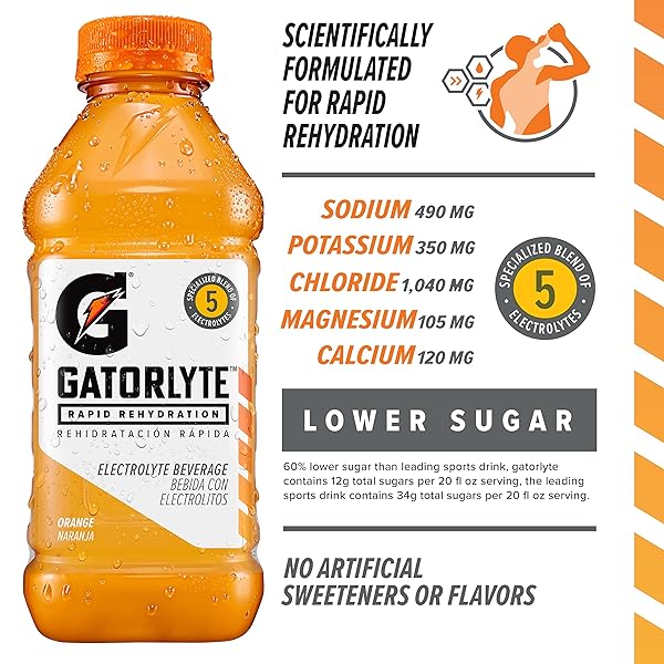 GATORLYTE RAPID REHYDRATION ELECTROLYTE DRINK, 3 FLAVOR VARIETY PACK, SPECIALIZED BLEND OF 5 ELECTROLYTES, LOWER SUGAR, NO ARTIFICIAL SWEETENERS, NO ARTIFICIAL FLAVORS, 20 FL OZ BOTTLES (12 PACK)