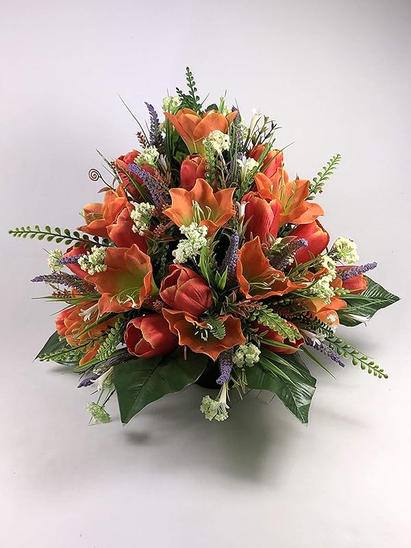 large flat back artificial flower grave arrangement in rich