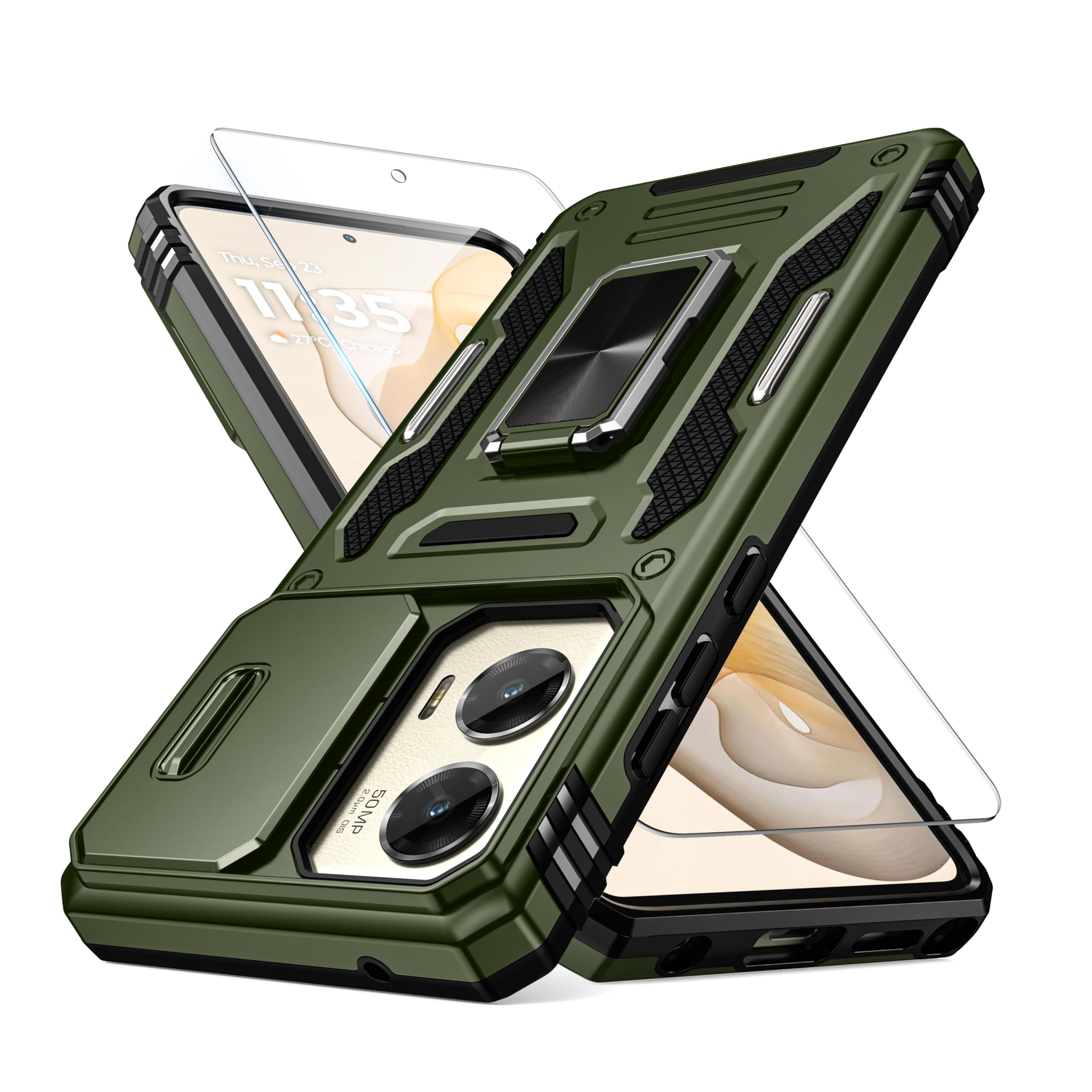 Lanhiem for Moto G Stylus 5G 2024 Case with Screen Protector & Slide Camera Cover, Military-Grade Shockproof Rugged Protective Phone Case with 360° Rotating Ring Kickstand (Olive Green)