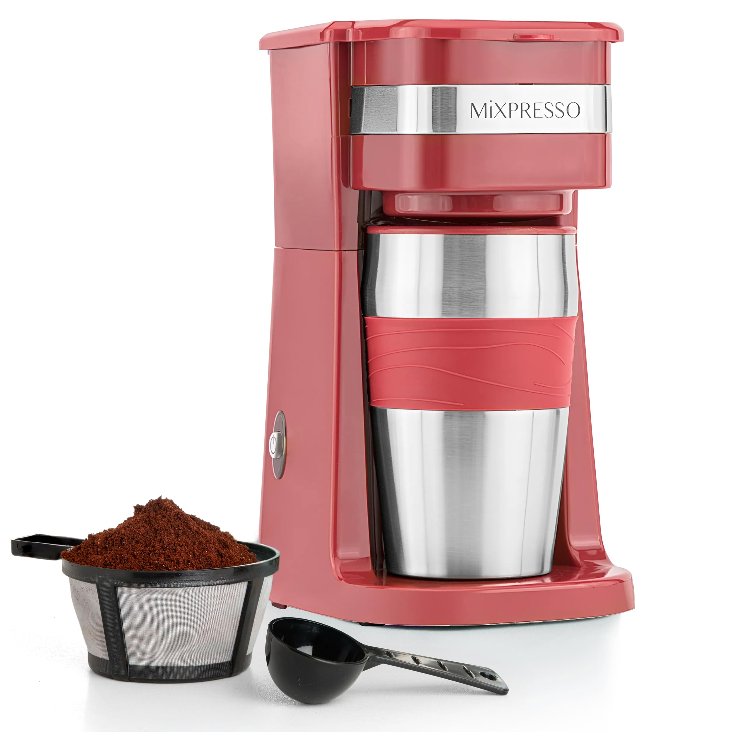 Photo 1 of Mixpresso Red Personal Single Serve Coffee Maker with 14oz Travel Mug, Drip Small Coffee Maker with Auto Shut Off, Reusable Filter, Works with Ground Coffee Only – Not for K-Cup Pods