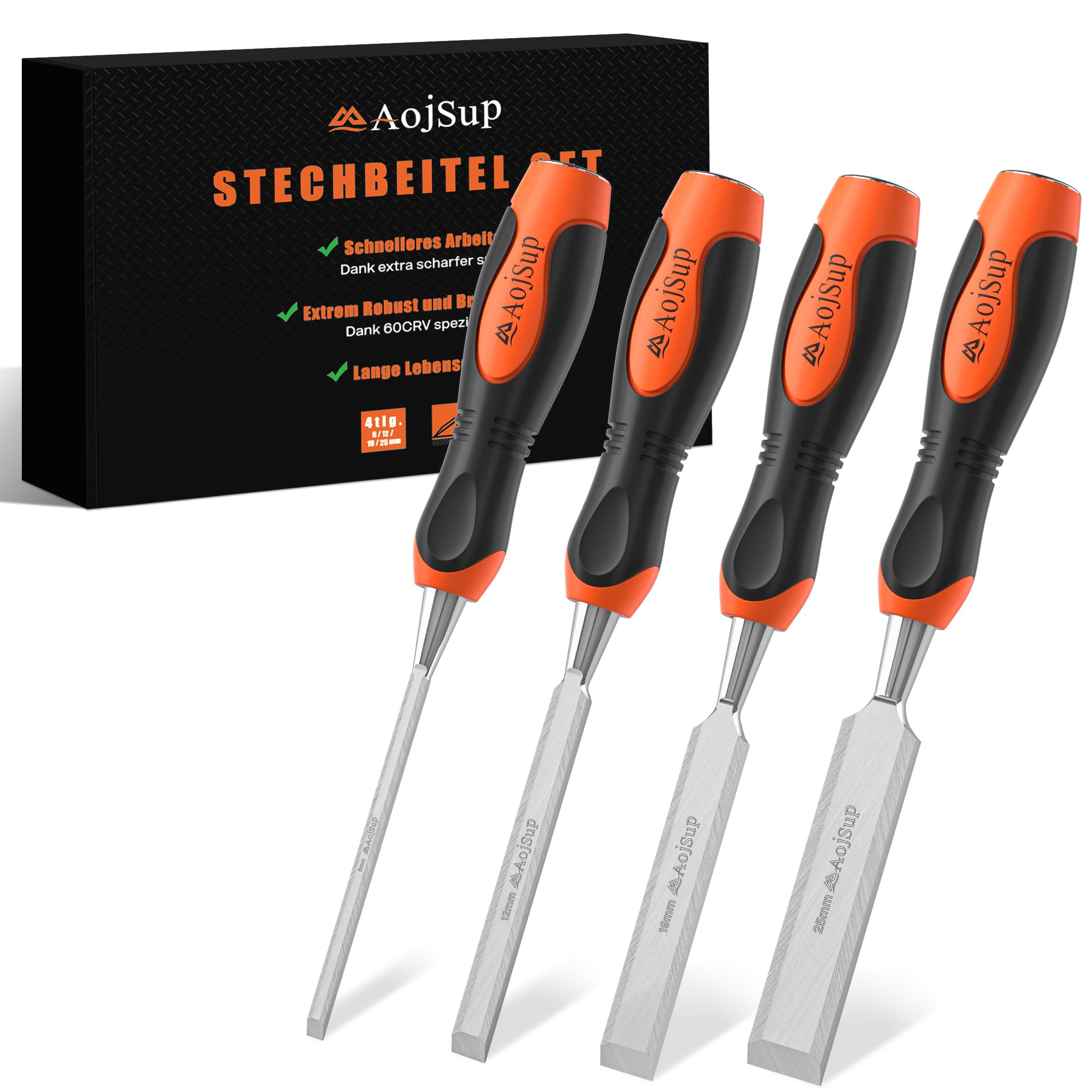 AojSup Wood Chisel Set, 4-Piece Woodworking Carving Chisels (6mm, 12mm,19mm, 25mm), Sharp Bevel Edge Chisels with Non-Slip Handle, Perfect for Woodworking, Wood Carving and Sculpting