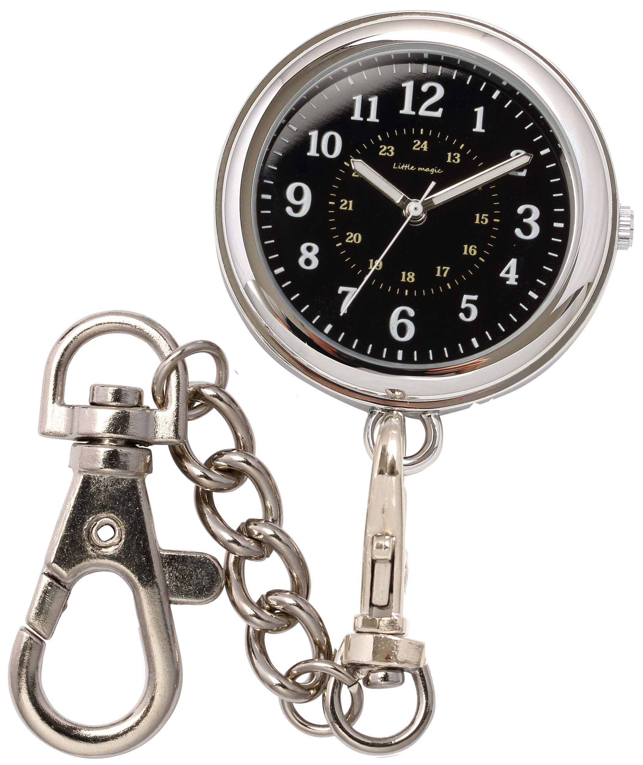 [Large and Easy to Read] Japanese Quartz Pocket Watch Keychain Watch Nurse Watch Pocket Watch Unisex [Little Magic], Silver