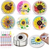6 Absorbent Ceramic Tiles with Cork Base,Paint Your Own Sunflower Coaster | Arts and Crafts with Markers for Adul,DIY Painting Kit Sunflower Gifts for Women,Crafts for Seniors Adults All Ages