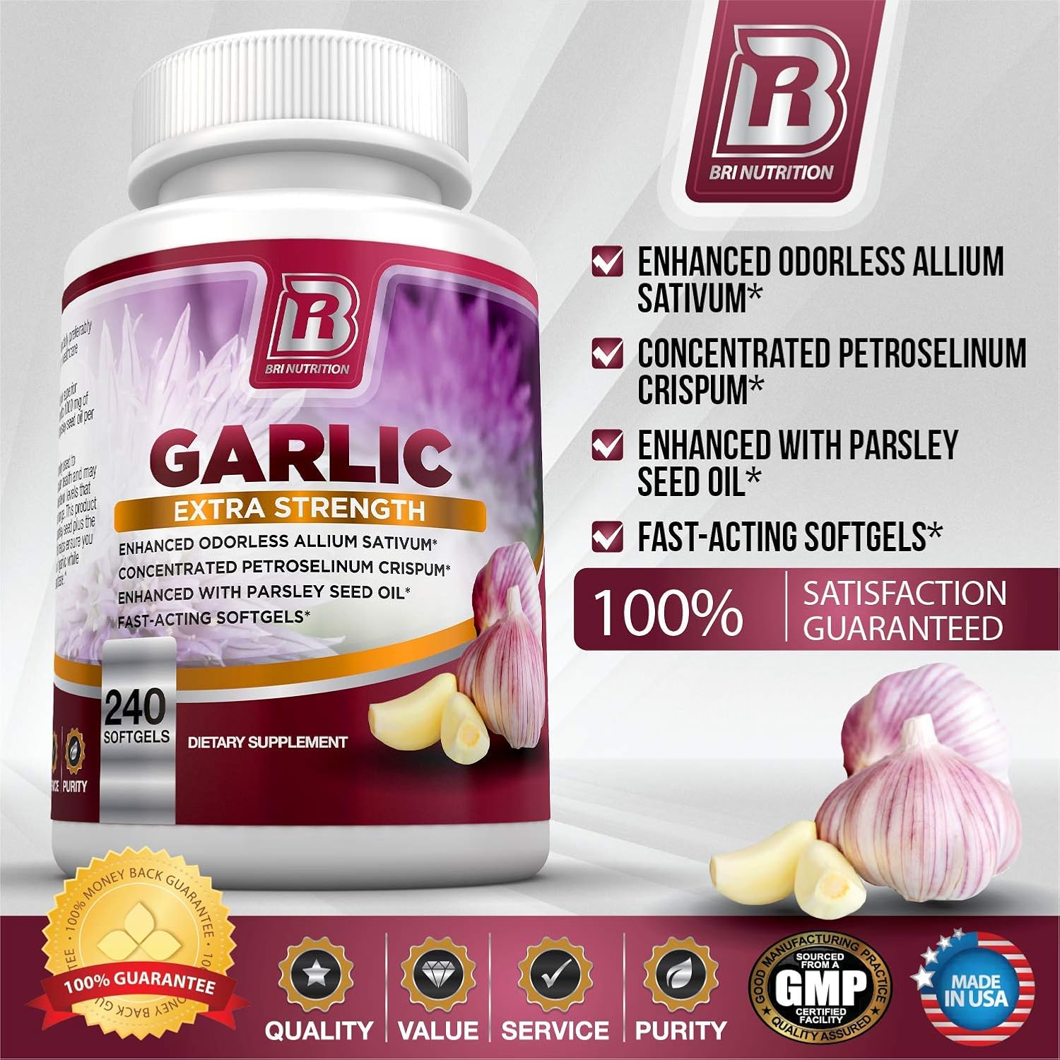 BRI Nutrition Odorless Garlic - 240 Softgels - 1000mg Pure and Potent Garlic Allium Sativum Supplement (Maximum Strength) - 120 Day Supply: Health & Personal Care