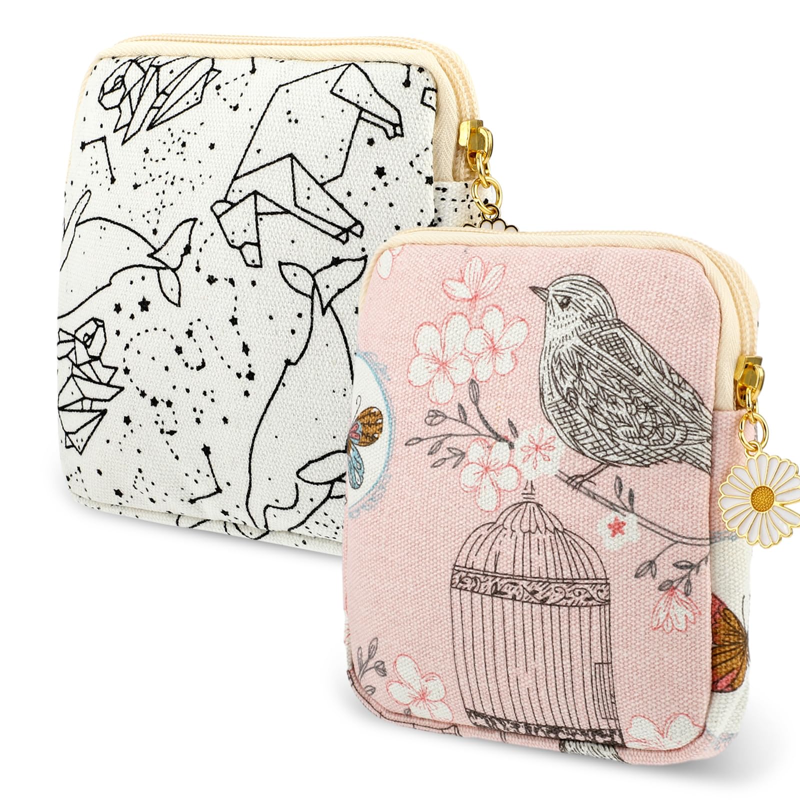 Cobee 2PCS Sanitary Pad Storage Bag, Cute Sanitary Napkin Storage Purses Portable Period Bag with Daisy Zipper Panty Liner Tampon Menstrual Cup Nursing Pad Holder Pouch for Girls Women Travel(Bird)