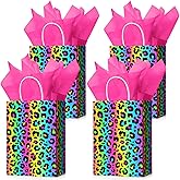 AmazingSpark 12 Pcs Leopard Party Decor Cheetah Party Bags Neon Leopard Print Bags with Handle and Rose Red Tissue Paper for Wild Animal Cheetah Theme Birthday Decorations