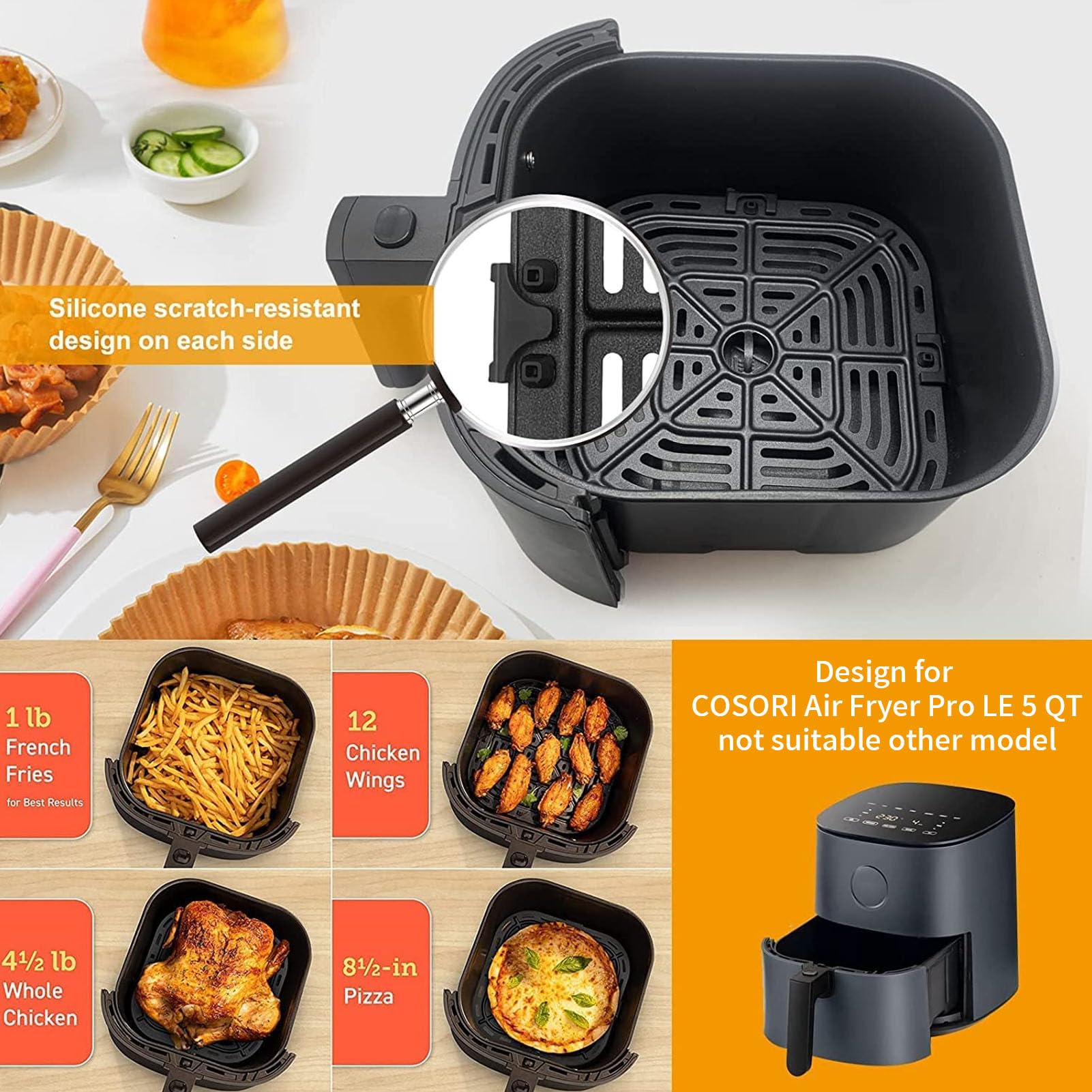 GWY Air Fryer Grill Pan for COSORI Air Fryer Pro LE 5 Qt, Non-Stick 8.3’’*8.3’’ Air Fryer Rack Replacement Parts Accessories Grill Plate Crisper Plate Tray with Rubber Bumpers, Dishwasher Safe