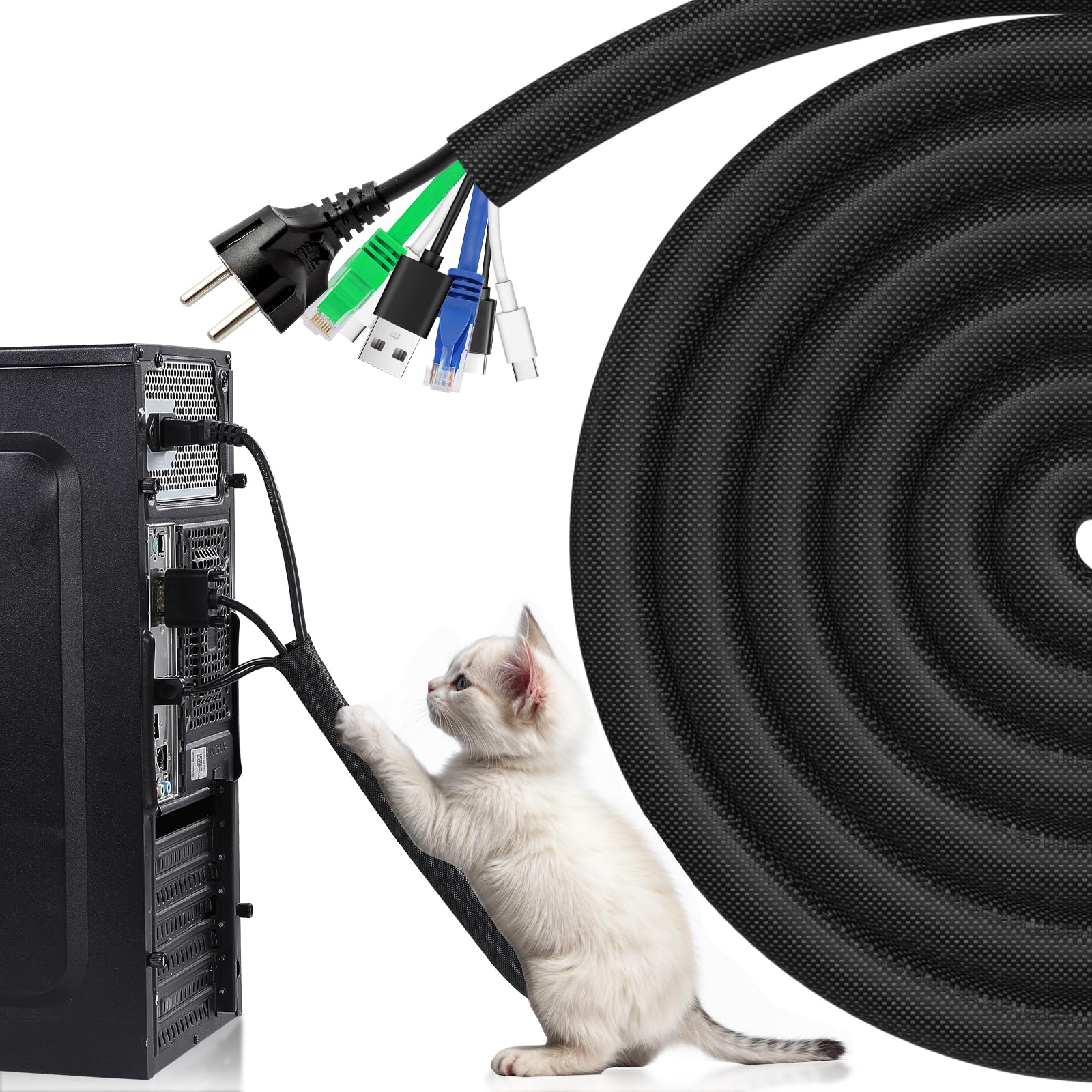 AGPTEK Cable Tidy Sleeve 3m/10FT - 23mm/∅0.9", Braided Wire Management for Car Cord Insulating Protective, Self-Wrapping Cable Sheath for Office Home Desk TV PC, Animal Proof Chewing, Black