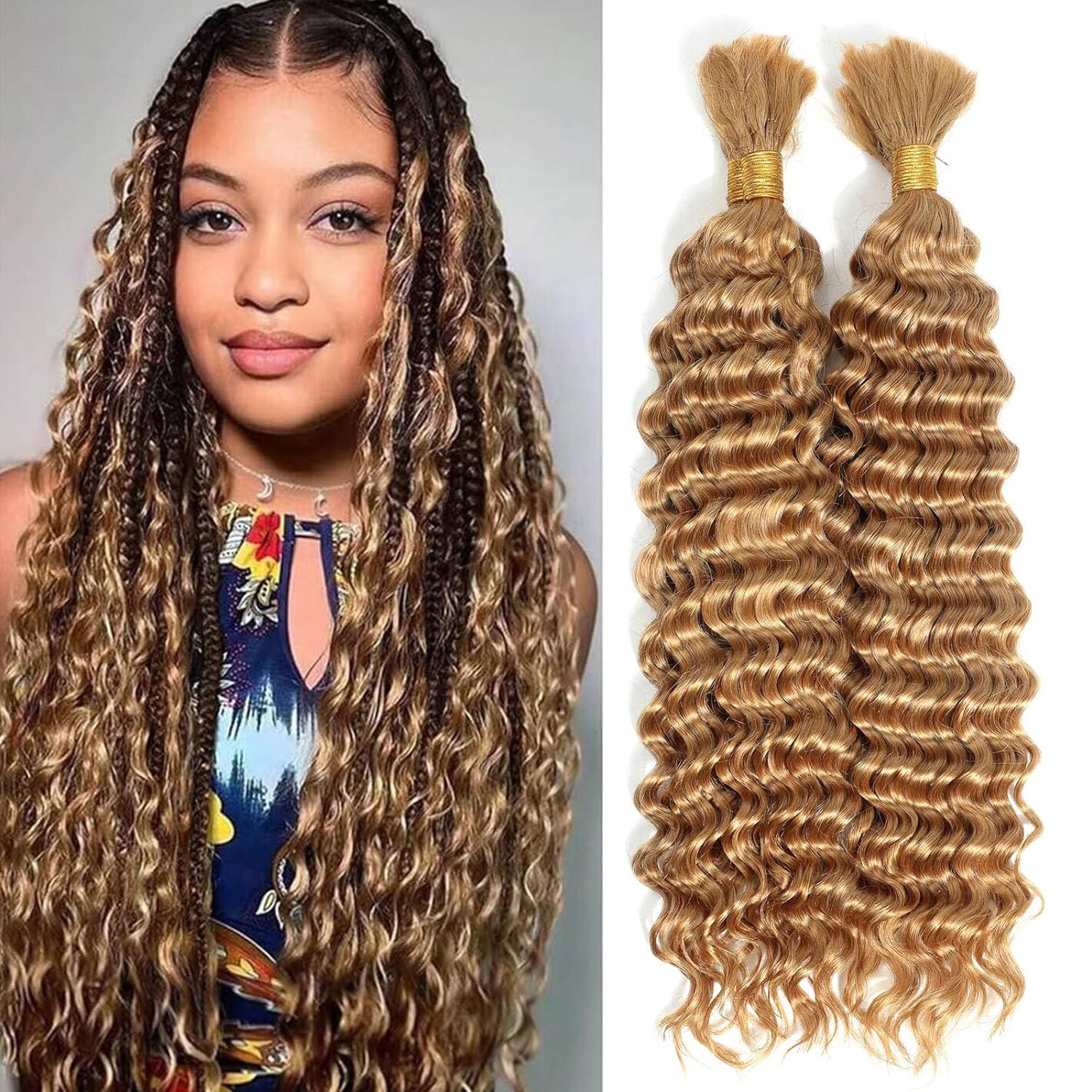 Flyroseing 18 Inch Honey Blonde Boho Braids Human Hair Extensions, Deep Wave Human Braiding Hair Human Hair Bundles Bulk Extensions for Braiding #27 Color, No Weft 2 Bundles 100g (18 Inch, #27) — image 1