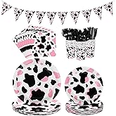 durony 198 Pieces Pink Cow Print Party Tableware Supplies Including Cowgirl Pink Cow Party Plates Spoons Forks Knife Cups Napkins Serves for 28 Banner and Tablecloths for Cow Theme Party Decorations