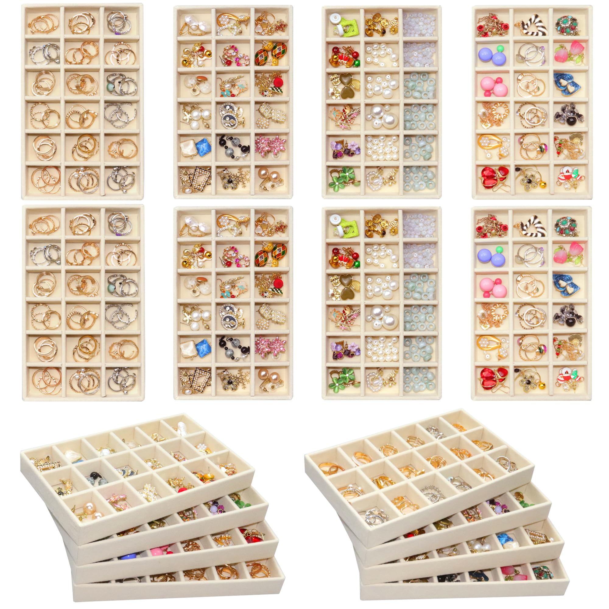 Photo 1 of 7Color Sky 8 Pack Stackable Jewelry Organizer Tray Velvet Jewelrry Storage Drawer Insert Earring Stacking Trays for Dresser 18 Grids