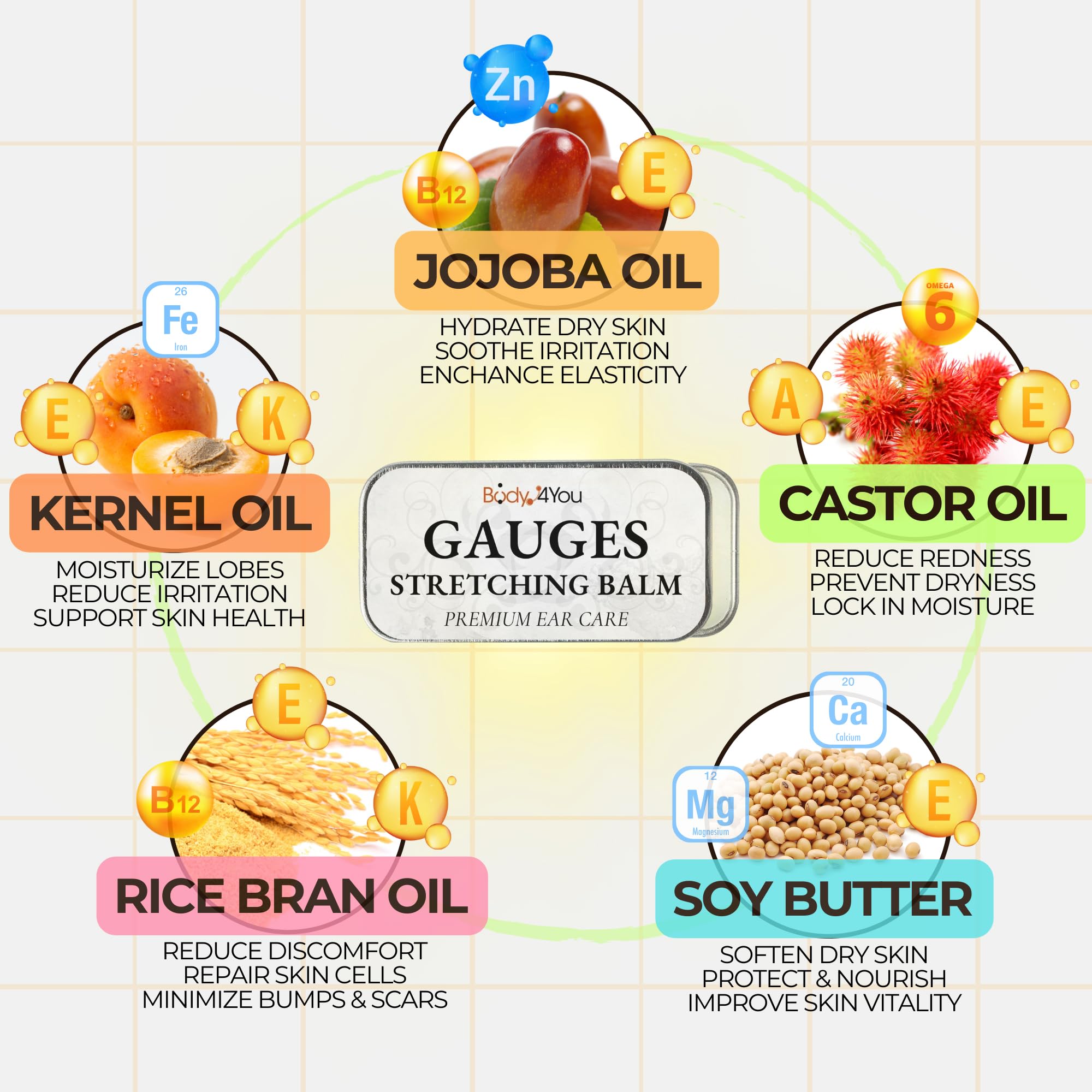 BodyJ4You Ear Stretching Balm - Ear Butter for Guages Earlobe Stretching Cream - Jojoba Wax Castor Oil All Natural Solution - Pure Unrefined Vegan Care for Body Piercing - Pack of 1