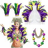 Yoloodayy 13 Pcs MardiGras Outfits for Women Carnival Include Feather Boa Feather Wrist Cuff Jumbo Ball Bead Necklaces for MardiGras Women Masquerade Carnival Concert Party
