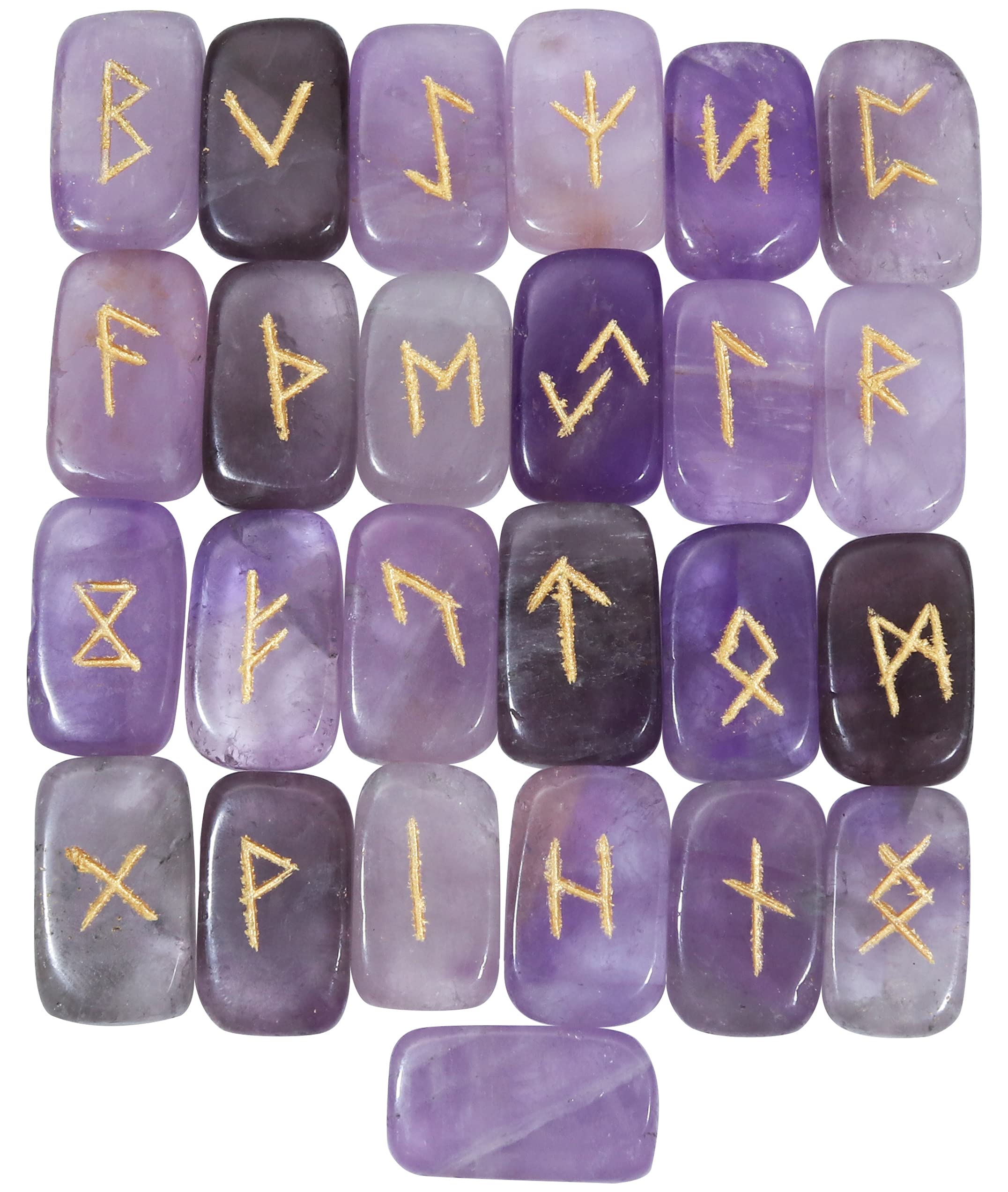 Crocon® Amethyst gemstone runes with Elder Futhark Alphabet Engraved 25 pcs rune set Crystal Divination Healing Chakra Reiki runes stones set Size : 20-25mm With pouch & rune brochure