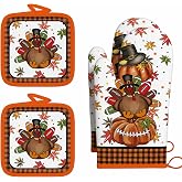 ZAEW Thanksgiving Turkey 4PC Oven Mitts Pot Holders Set Heat Resistant | Pumpkin Hot Pad and Oven Gloves Heat Set for Baking BBQ Grilling Cooking Gift Kitchen Decor