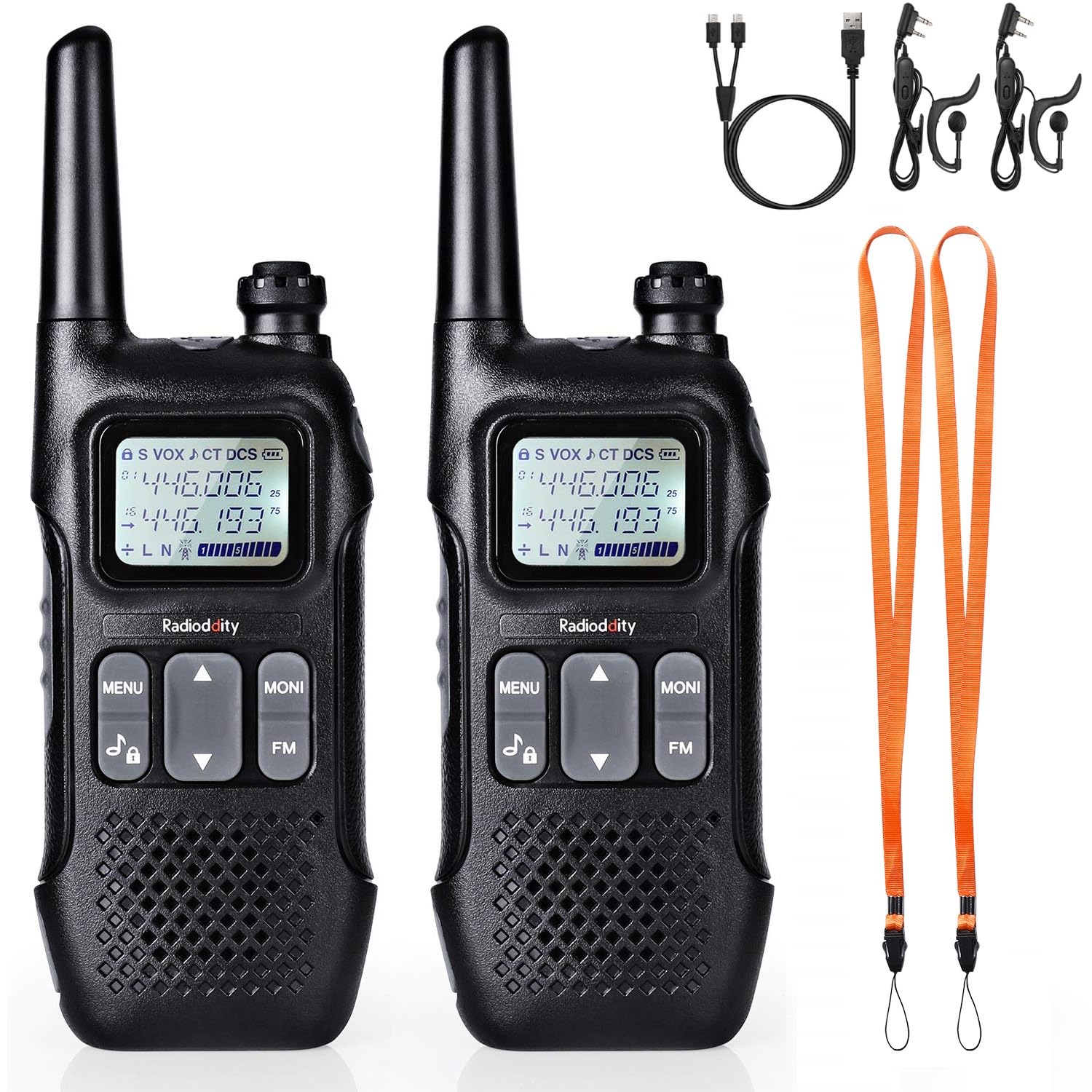 Radioddity PR-T1 PMR446 Radio Set with LC Display, Walkie Talkie 4 km Range, 16 Channels PMR446 Licensed Free Rechargeable Battery with Headset for Adventure, Outdoor, Camping, 2 Pieces
