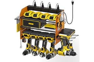 VORLESTOUR Power Tool Organizer Wall Mount, Modular Tool Storage with Charging Station, Garage 4 Drill Storage Shelf with Hooks, Hammer/Plier Holder, 8 Outlet Power Strip, Heavy Duty Rack for Workshop
