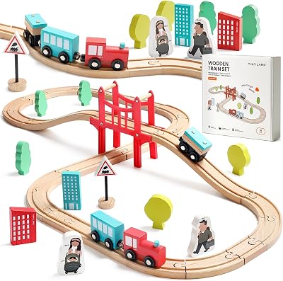 Tiny Land Wooden Train Set 39 Pieces Compatible with Major Brands
