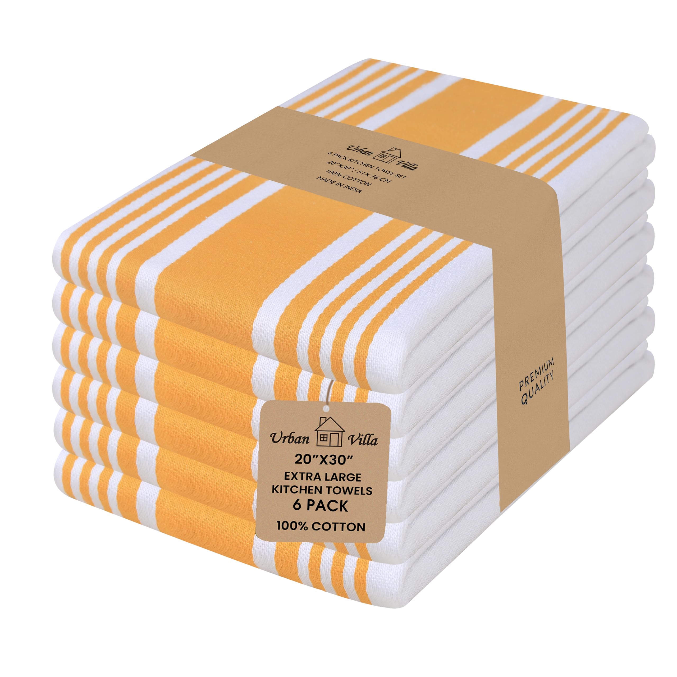 Urban Villa Kitchen Towels 100% Cotton Dish Towels for Kitchen(Set of 6)20”x30” Dish Cloths Highly Absorbent Kitchen Linen Set with Hanging Loop Perfect for Drying Dishes Cleaning Towels-Yellow White