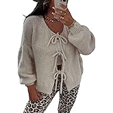 InterNos Womens Bow Tie Front Sweater Cardigan Y2k Chunky Crew Neck Lace Up Crochet Knit Outwear Coat