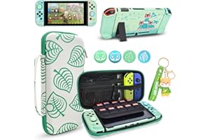 DLseego Animal Crossing Switch Set, Green Leaf Carrying Case with 10 Slots & Cute Protective Hard Shell Cover with 4PCS Lovel