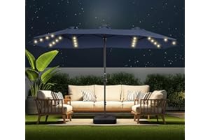 HOMSHADE Double Sided Patio Umbrellas - 15ft Solar Lights LED Lighted Outdoor Extra Large Market Table Umbrella with Base Included, Oversized Umbrella for Deck, Pool, Backyard (Navy Blue)