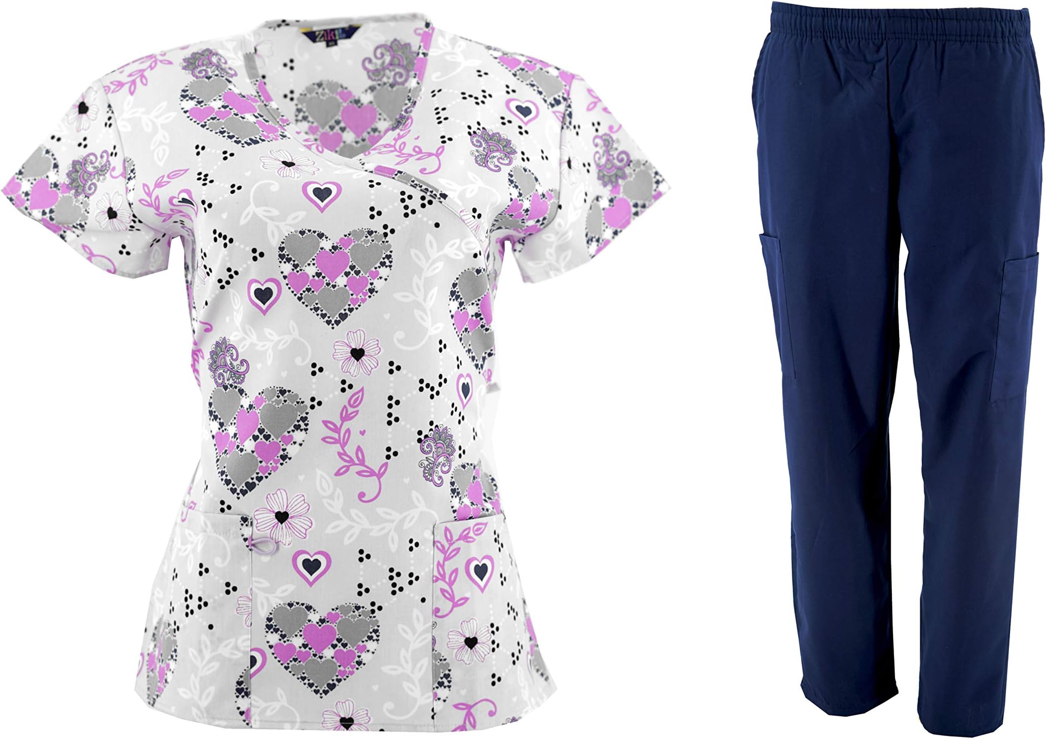 Women's Printed Scrub Sets Top & Pant Sizes XS S M L XL 2XL Multiple Prints Nursing (XS, Navy & White)