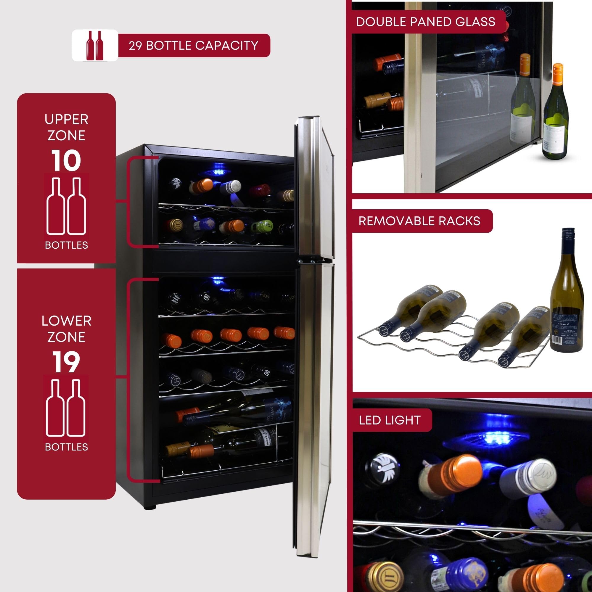 Koolatron Wine Fridge - Wine Cooler, 29 Bottle Cabinet for Champagne, Red & Whitewine, Dual Zone Freestanding Cellar For Bar, Home, Kitchen, Double Paned Glass Door, (86L)