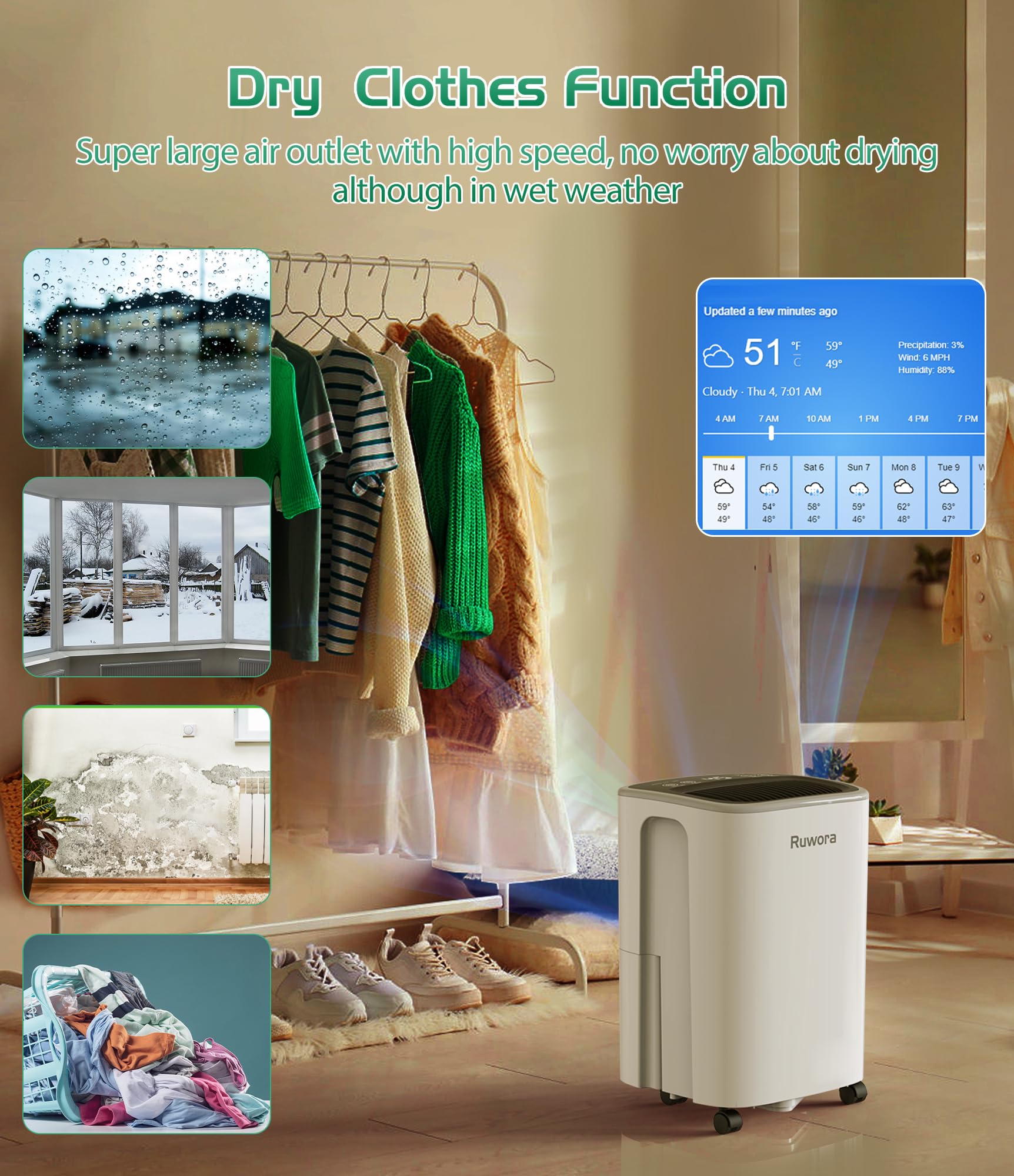 Dehumidifier 2500 Sq.Ft 30 Pint, Dehumidifiers with Drain Hose, 0.66 Gallon Water Tank, RUWORA Dehumidifiers for Home Basement Bedroom Bathroom, Overflow Protection, 24H Timer