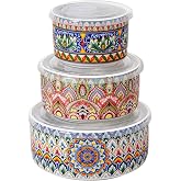 Henten Home Ceramic Serving Bowls with Lid, Boho Nesting Bowl Set of 3 | Stackable Food Storage Bowl, Colorful Mixing Bowls for Prep, Salad, Meals, 10/20/32 oz, Microwave &amp; Dishwasher Safe