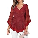 Lotusmile Womens Dressy Blouse Double Layers Mesh Shirt Ruffle 3/4 Flared Sleeve Tunic Tops