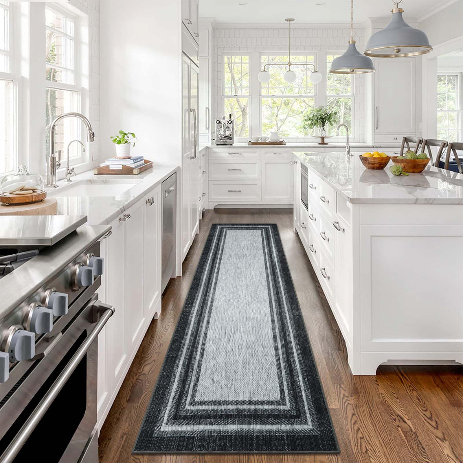 Photo 1 of Beeiva Bordered Carpet Runners for Hallways, 2x8 Black Modern Hallway Runner Rugs with Rubber Backing, Washable Bathroom Runner Rug Printed Long Rugs for Hallway Bedroom Entryway