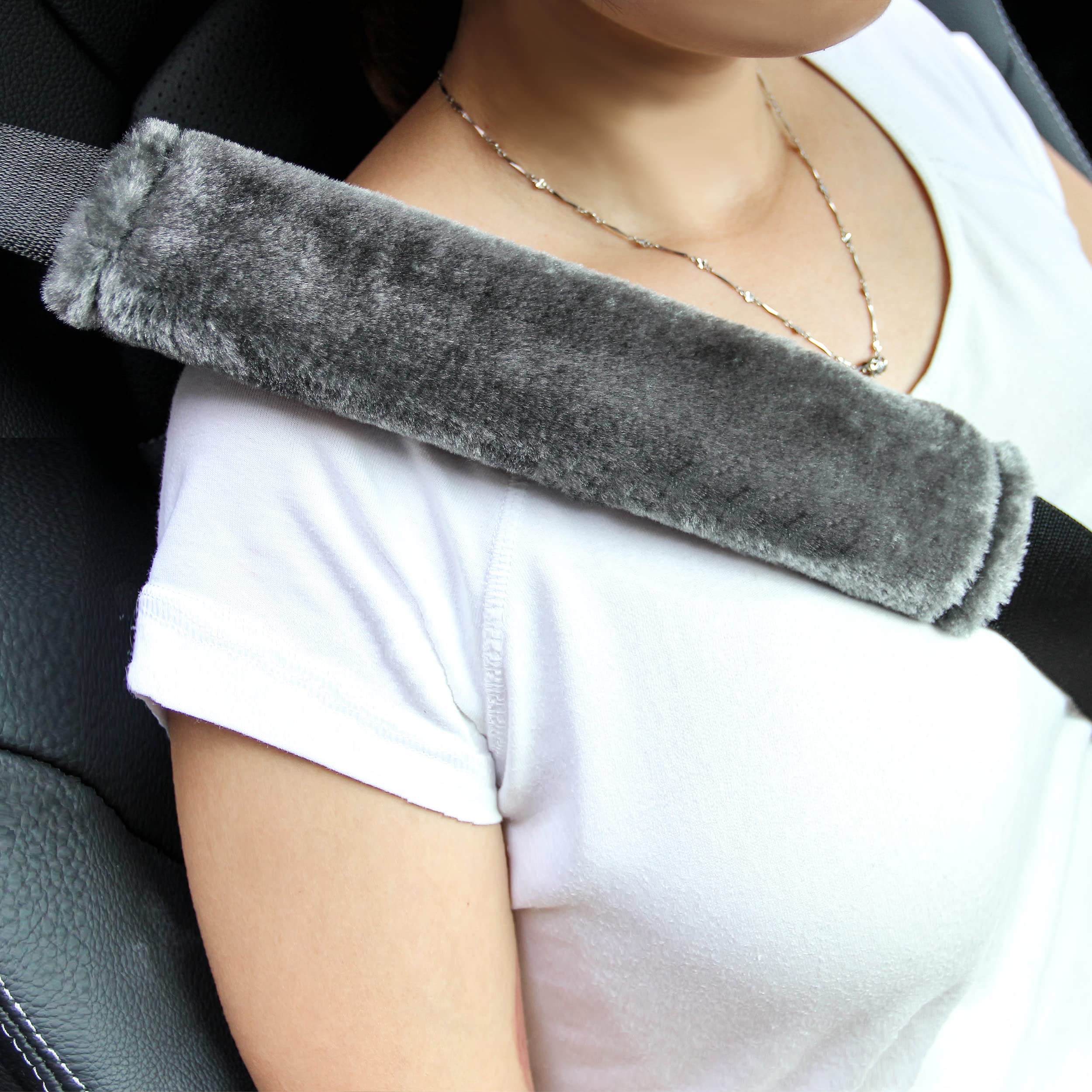 Photo 1 of Amooca Soft Faux Fur Universal Fit Seatbelt Cover Car Truck SUV Airplane Seat Belt Shoulder Pad for Carmera Backpack Straps Neck Cushion Protector 2 Pack 10.5in Dark Gray