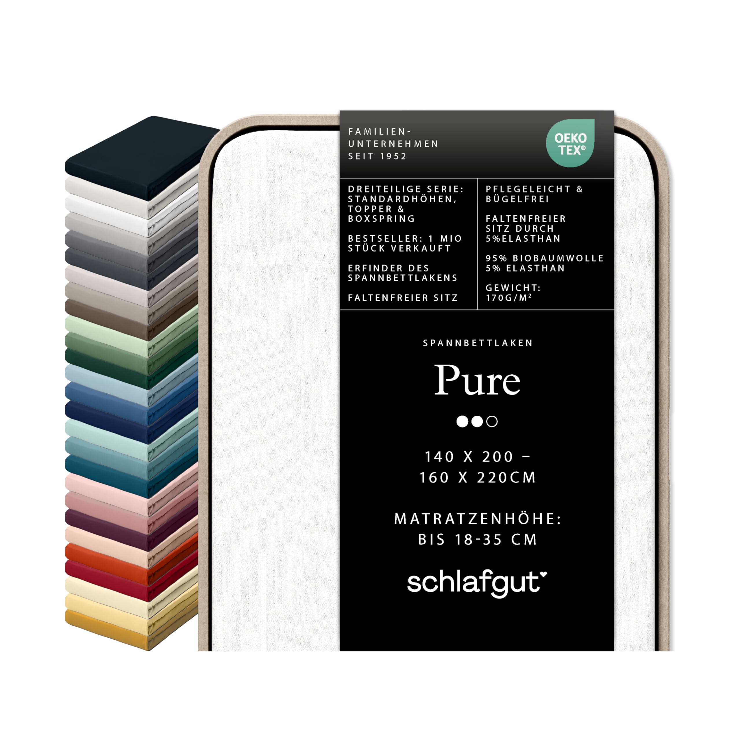 Schlafgut Pure fitted sheet 95% soft organic cotton and 5% elastane with 170g/m2 density for a wrinkle-free fit (Full-White, L 140x200cm - 160x220cm)