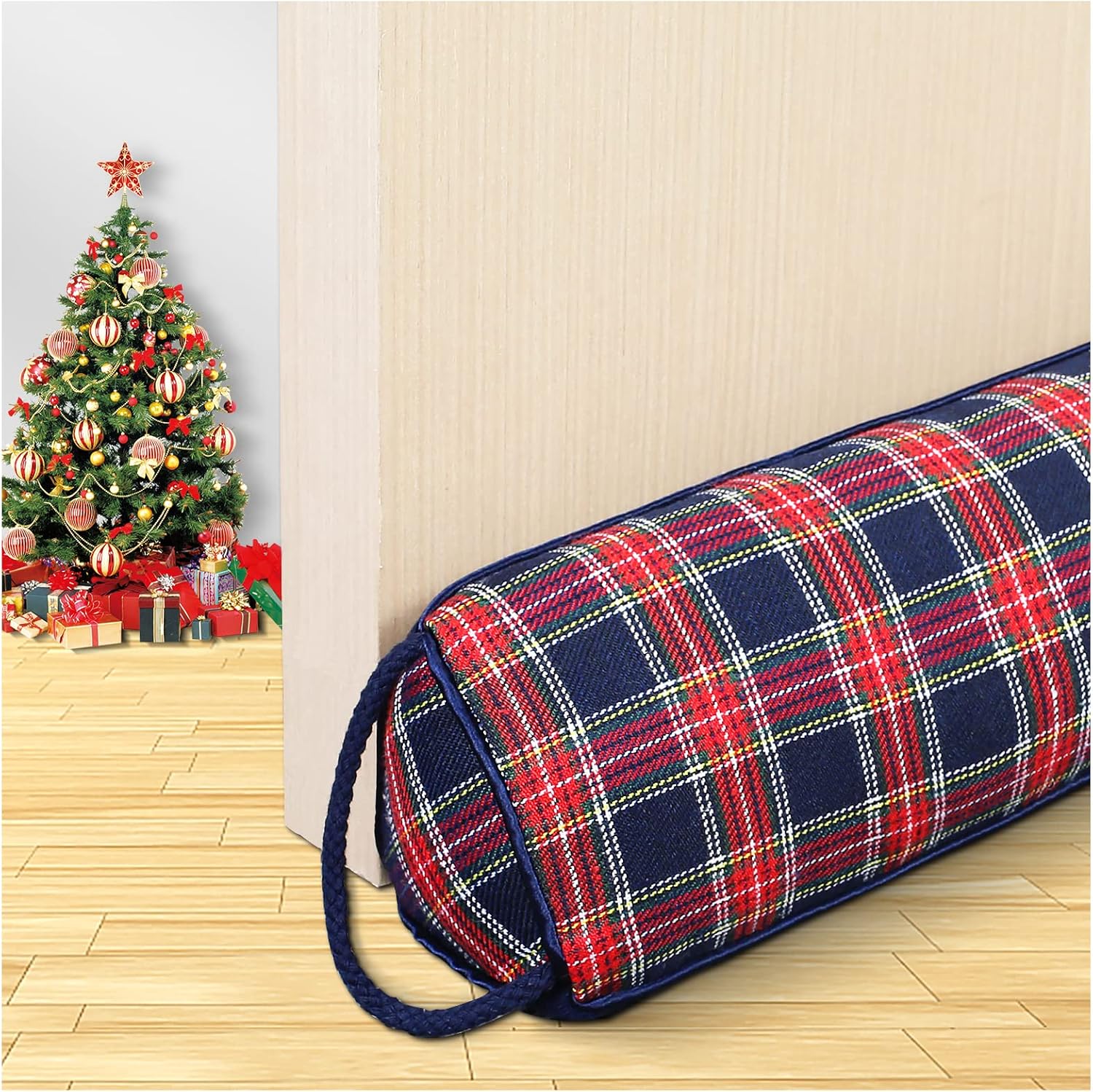 Draft Stoppers - Triangle Under Door Draft Stopper Noise Blocker 38 Inches for Door Bottom Air Seal Insulation and Soundproof, Heavy Duty Weather Guard Snake Stripping, Tartan Check Navy Blue Red