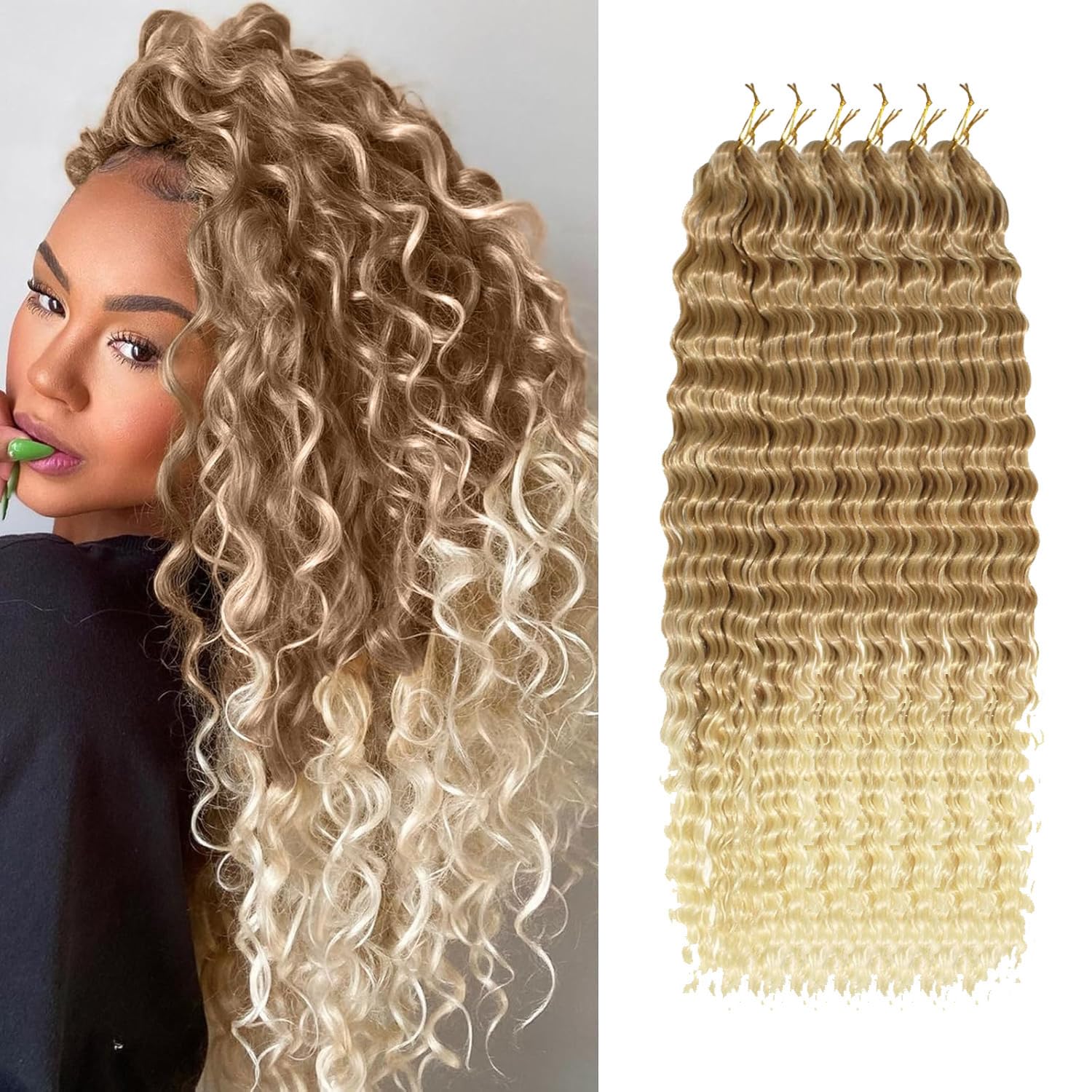 Alaleibaby Ocean Wave Crochet Hair 22 inch Deep Wave Crochet Hair 6 Packs Deep Wave Curly Braiding Hair Extensions Ocean Wave Braiding Hair for Black Women(27/613, 22 Inch(Pack of 6))