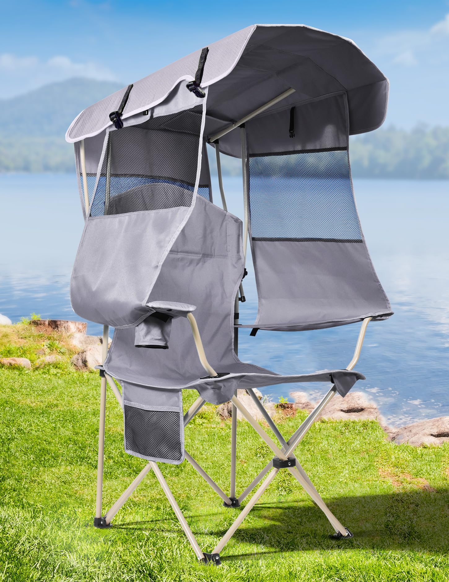 Photo 1 of *Strap issue?* Docusvect Folding Camping Chair with Shade Canopy for Adults, Canopy Chair for Outdoors Sports with Cup Holder, Side Pocket for Camp, Beach, Tailgates, Fishing - Support 330 LBS