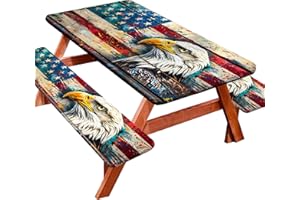 YEYE JUICE Picnic Table Cover with Bench Covers Camping Essentials Waterproof Windproof Camping Tablecloth with Elastic, Fits Table 30"x 72" Rectangle and Seats, Wood Grain American Flag