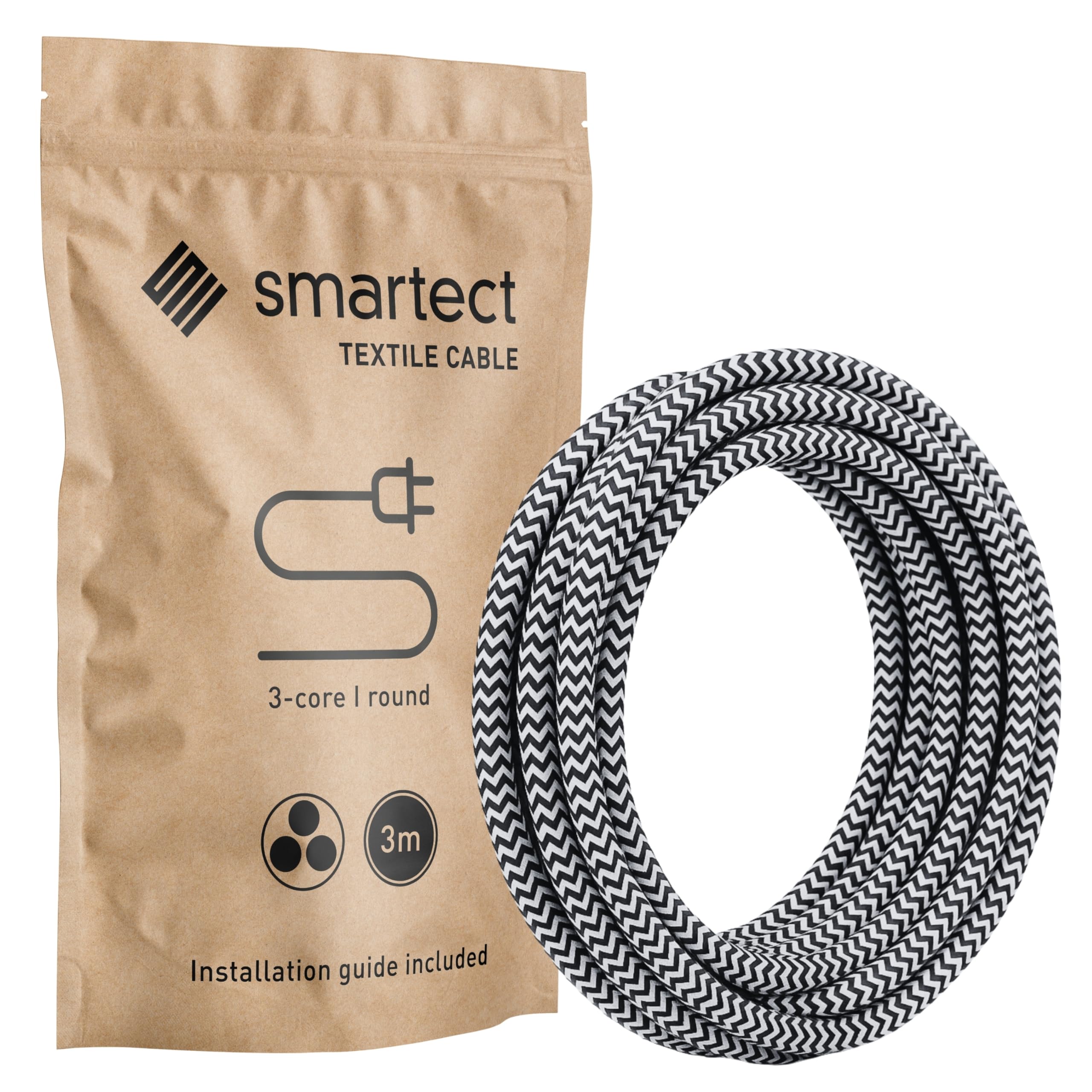 smartect Braided Cable, Black White, 3 Metres 3 Core Electrical Cable (3 x 0.75mm²) Vintage Fabric Electrical Wire for your DIY project