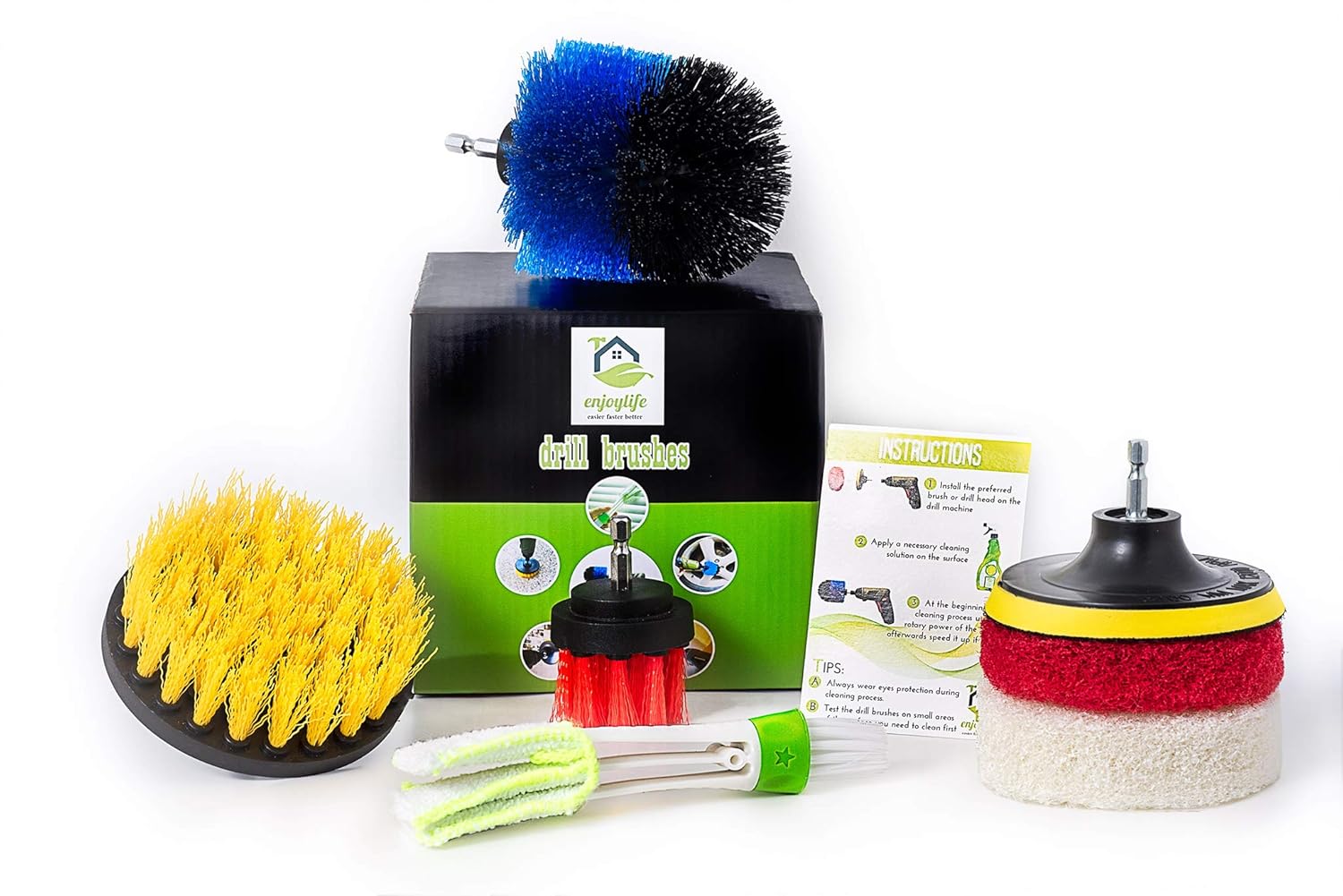 Drill Brush Attachment Set for Bathroom Surfaces - Kitchen - Grout - Car Wheels - Shower - Bathtub - Tile - Floor - Power Scrub Brushes and Pads Cleaner Tool with a Detailing Brush for Car Vents