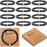 Ecation 12 Sets Softball Bracelets Team Gift 8mm Natural Lave Stone Beaded Adjustable Bracelets with Inspirational Card for Men Women Birthday Softball Wristbands Team Party Favors