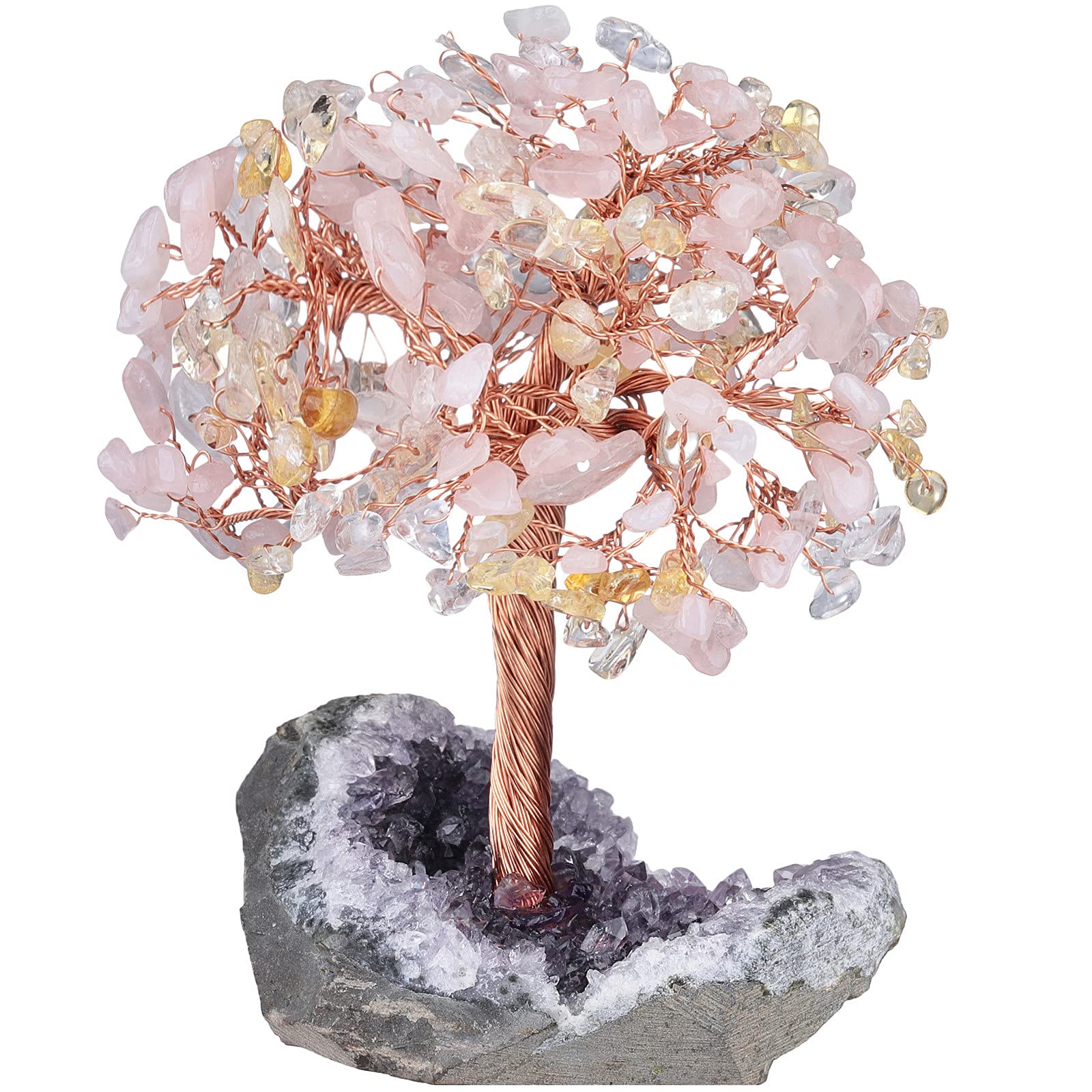 Nupuyai Rose Quartz & Citrine & Rock Crystal Money Tree with Amethyst Cluster Base, Bonsai Good Luck Tree Life Fengshui Ornament Home Office Decor