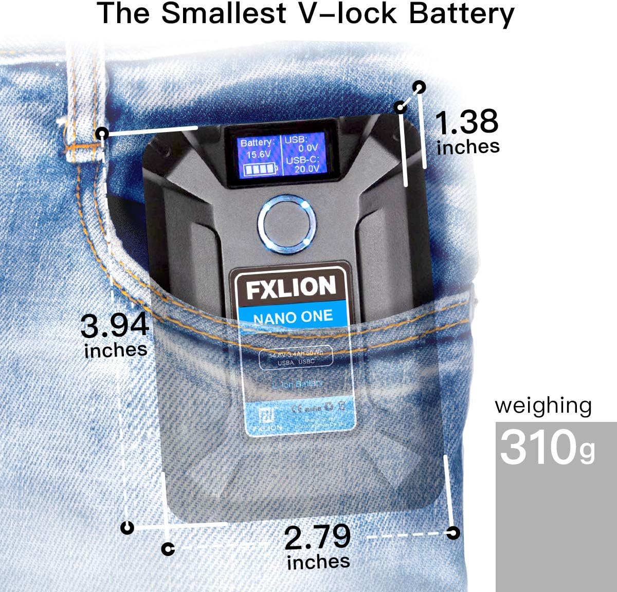 FXLION NANO ONE [Official] V Mount/V-Lock Battery 3400mAh(50Wh/14.8V) with D-TAP, USB-C, USB-A, Micro USB Plugs, 10oz Mini Power Bank for Cameras, Camcorders, LED Lights, Monitors, Macbook and Smartphone : Home Audio & Theater