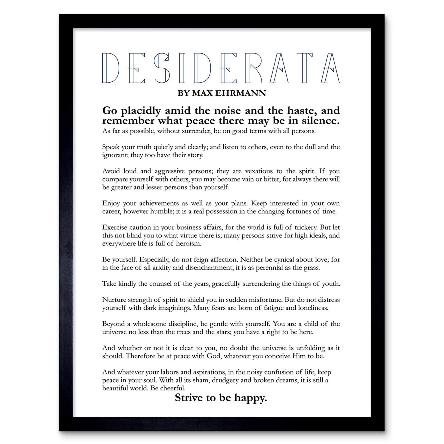 Wee Blue Coo Quote Typograph Phrase Poetic Prose Ehrmann Desiderata Art Print Framed Poster Wall Decor 12X16 Inch
