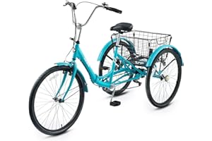 Viribus Foldable Adult Tricycle, 7 Speed Folding Tricycle for Adults with Large Detachable Basket, 3 Wheel Folding Bikes for Men Women Seniors, Adult Tricycle Folding 24 inch Teal