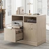 Perledesign 3 Drawer File Cabinet, Fluted Filing Cabinet for Home Office with Charging Station, Wooden Office Cabinet Fits for A4/Letter-Sized Files, Printer Stand with Storage Shelves, Light Oak